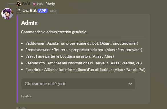 Menu d'aide du bot avec les catégories de commandes disponibles