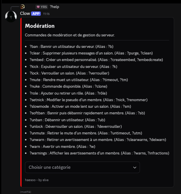 Panneau de commandes de modération du bot Clow : ban, mute, warn, lock et autres